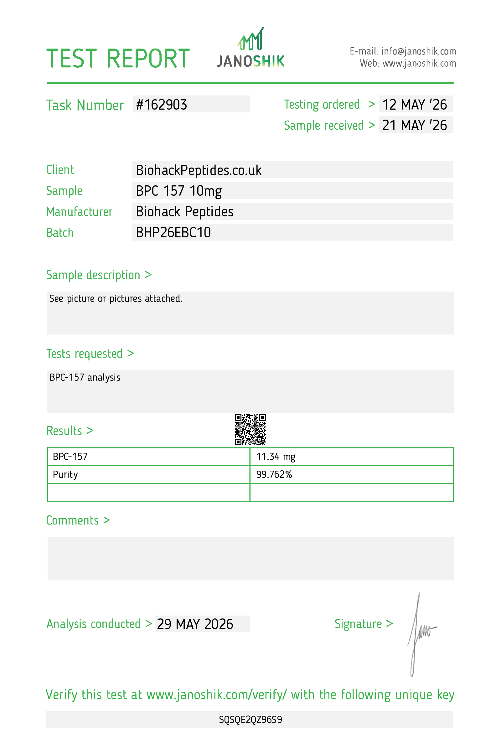 Certificate displayed by Biohackpeptides