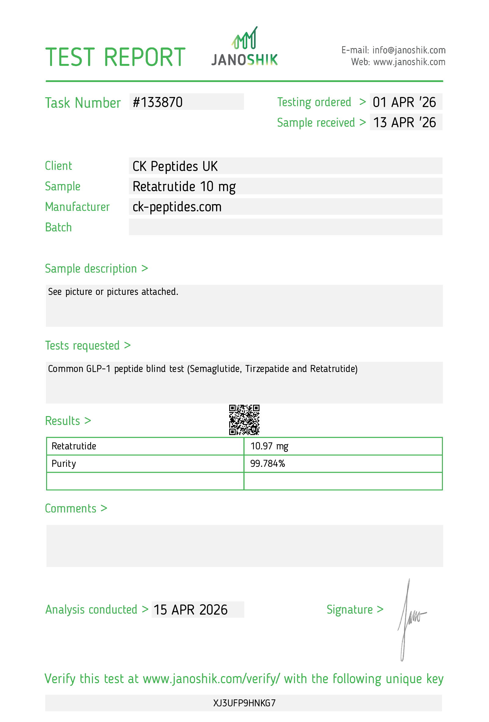 Certificate displayed by Ck Peptides