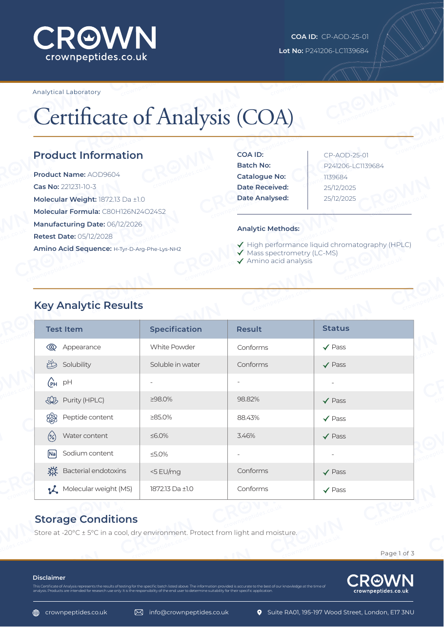 Certificate displayed by Crownpeptides
