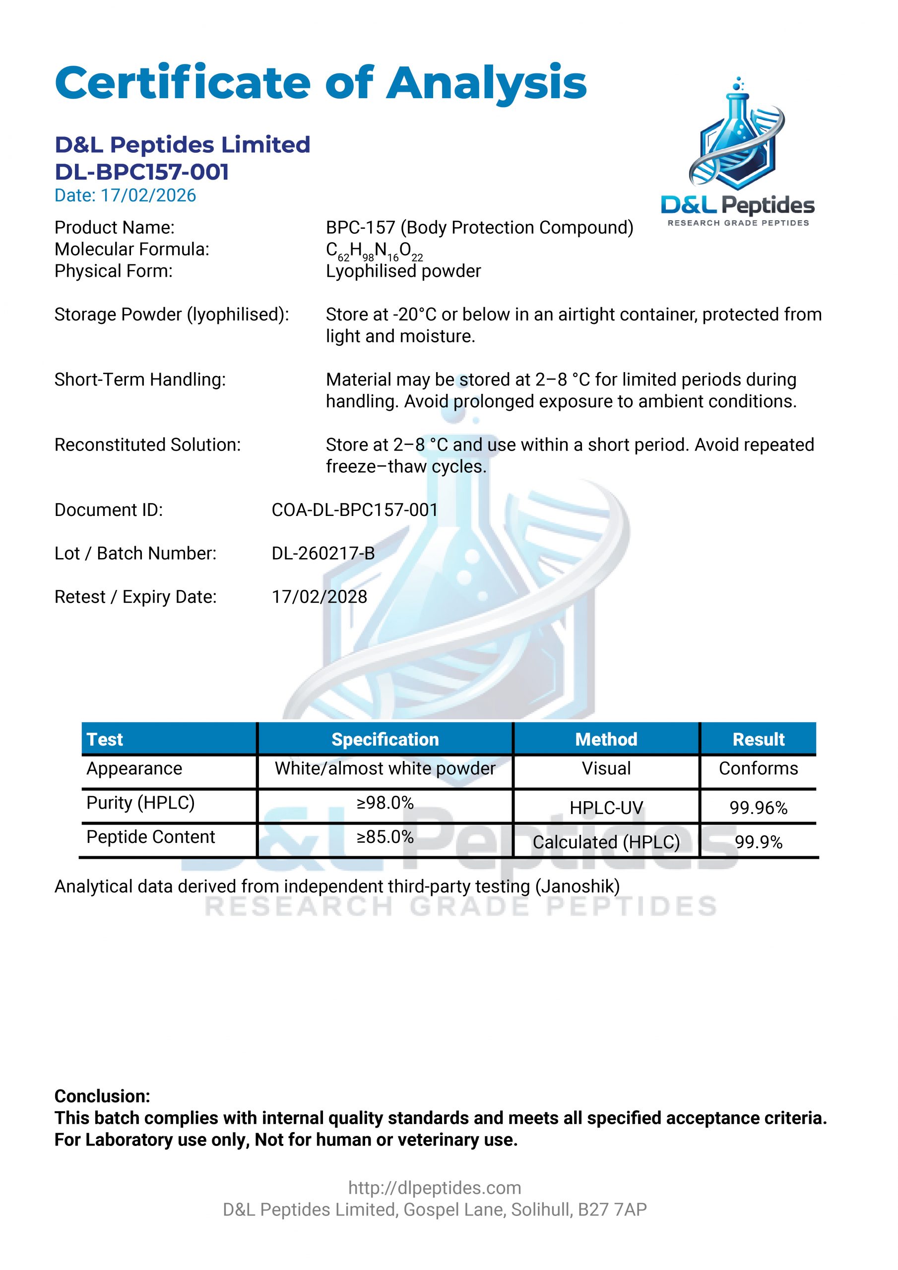 Certificate displayed by Dlpeptides