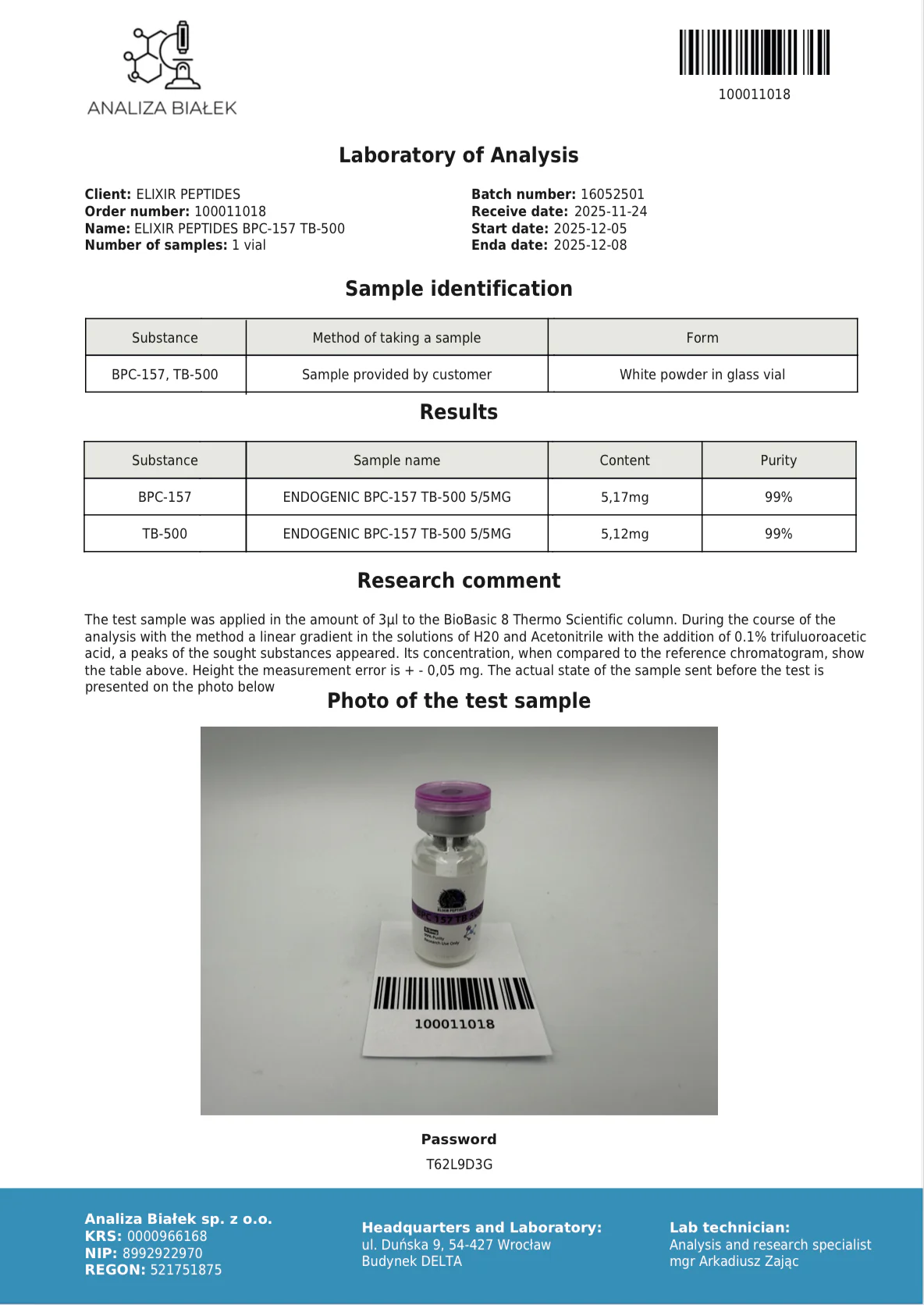Certificate displayed by Elixirpeptides
