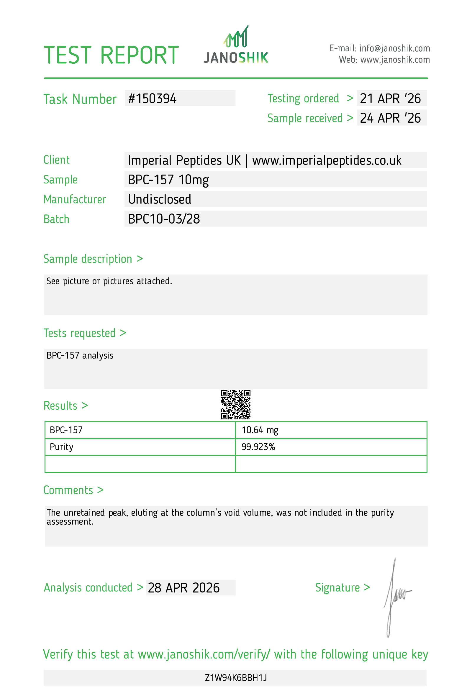 Certificate displayed by Imperialpeptides