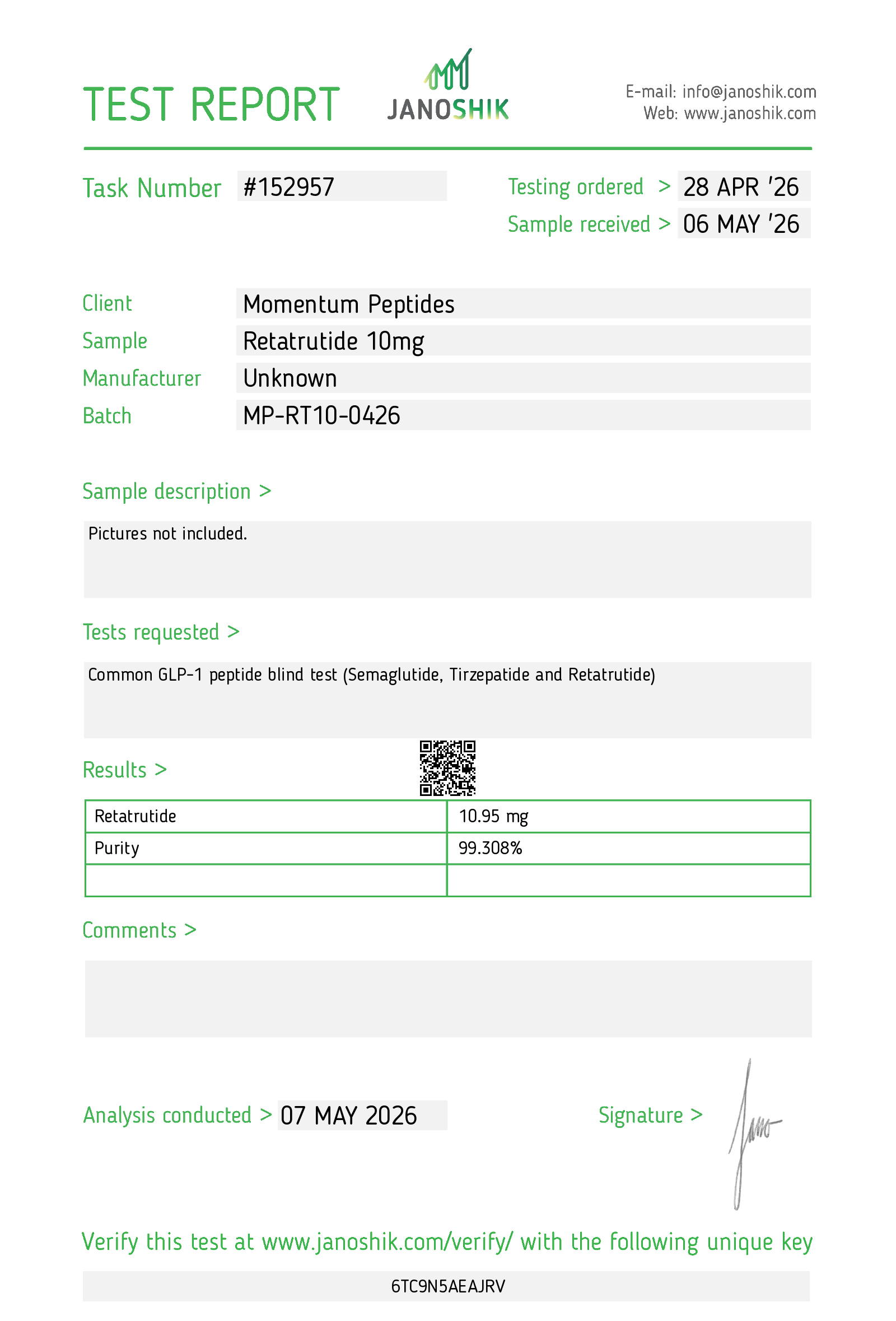 Certificate displayed by Momentumpeptides
