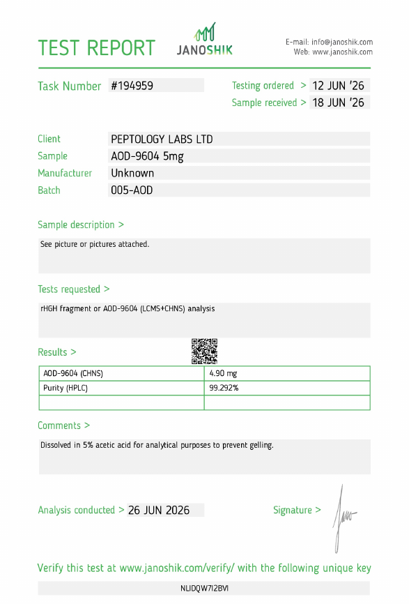 Certificate displayed by Peptology Labs