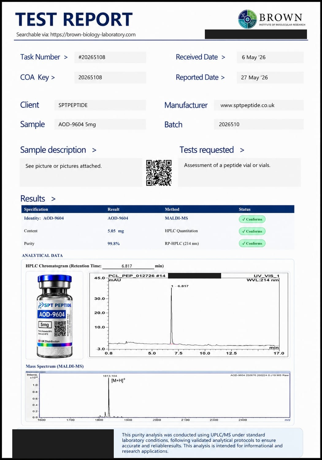 Certificate displayed by SPT Peptide