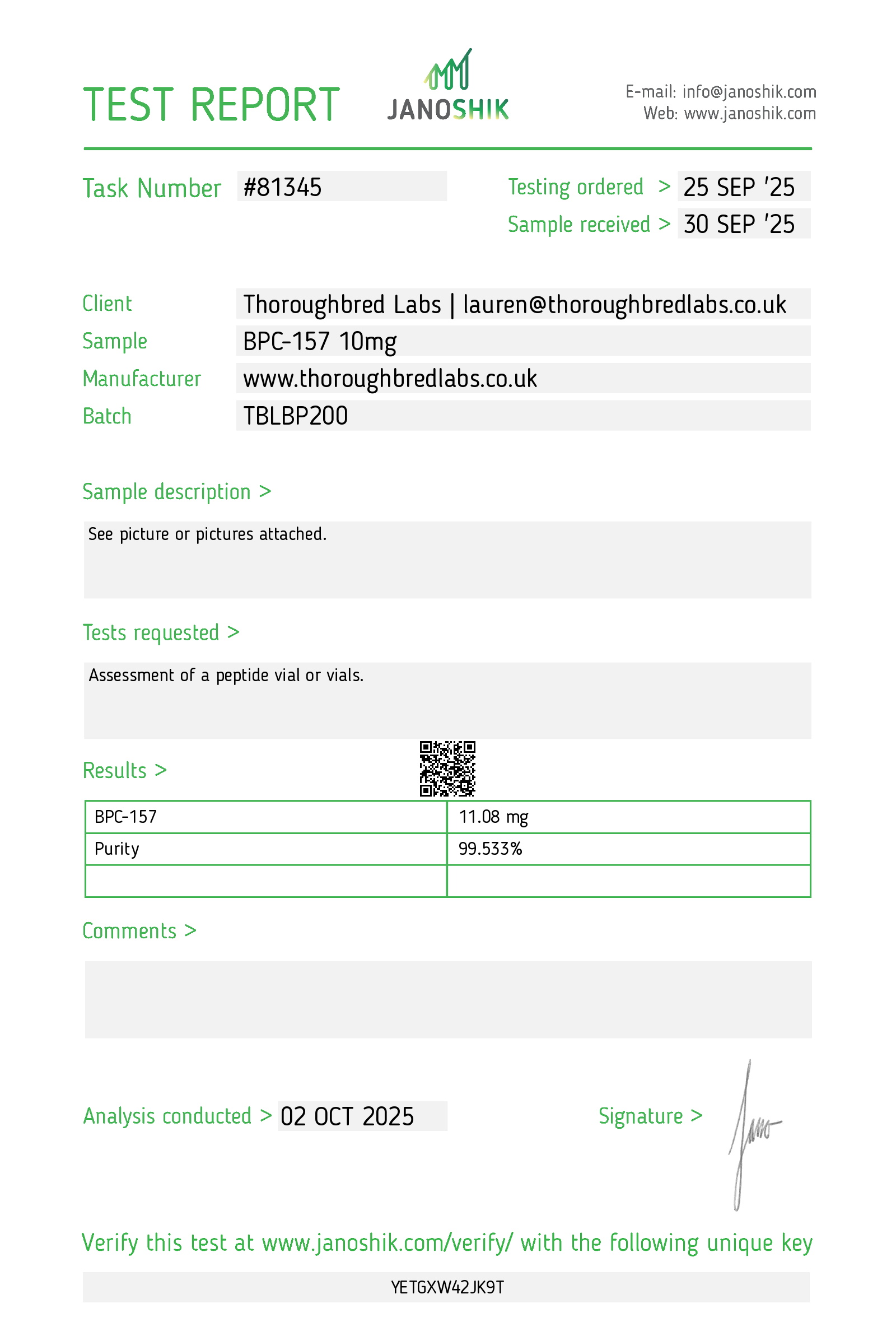 Certificate displayed by Thoroughbredlabs