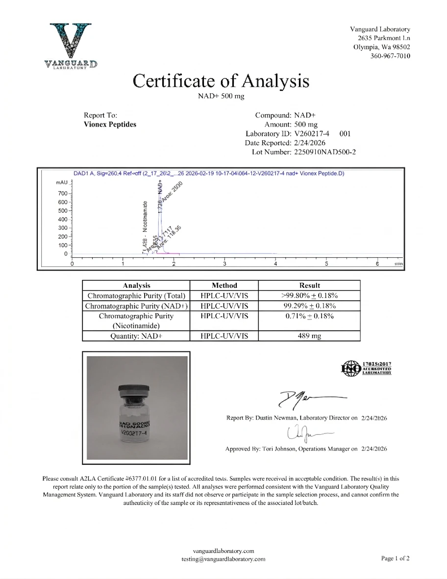 Certificate displayed by Vionexpeptides