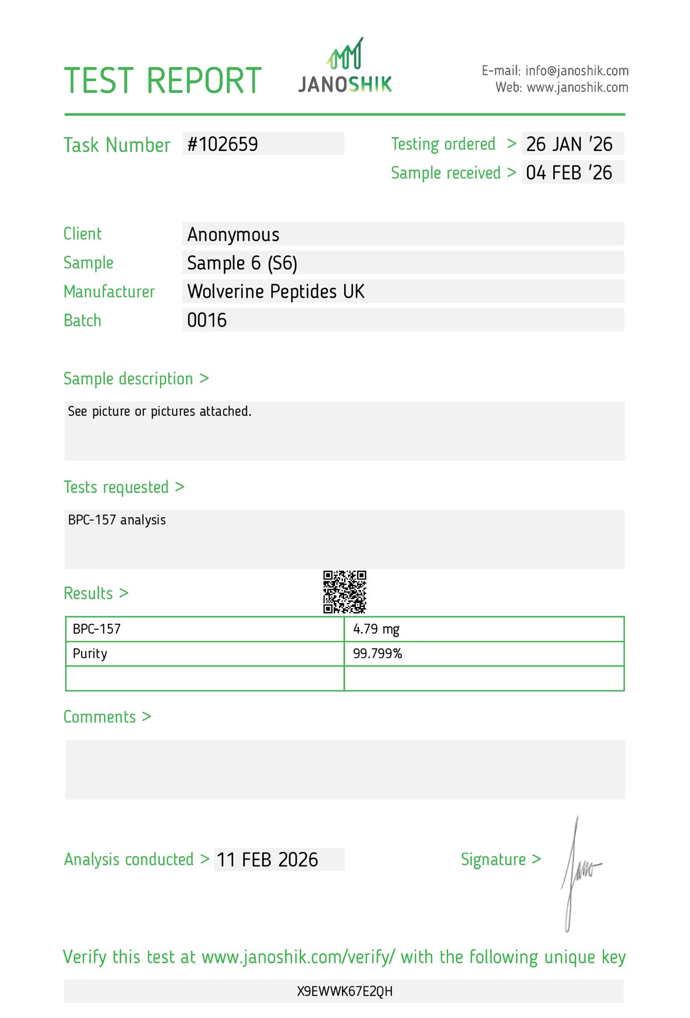 Certificate displayed by Wolverinepeptides